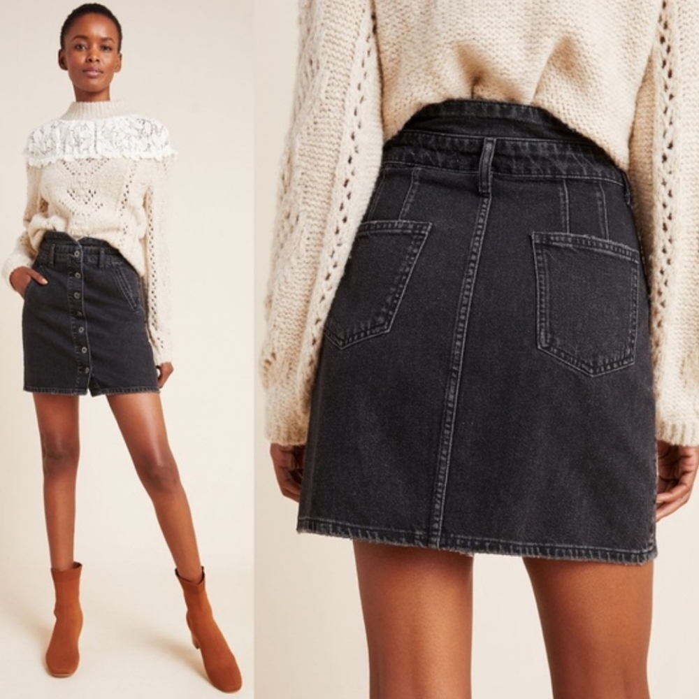 Anthropologie Pilcro Button-Front Denim Mini Skirt Black Size 6 Utility Bohemian - Picture 2 of 16